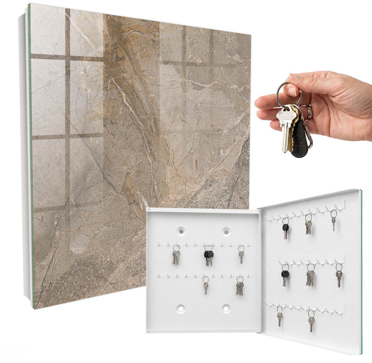 WallMuralia - Sleutelkast - 30x30x5 cm - met 50 haken - Natuurlijke Structuur Sleutelkastje Huis - Grijs Sleutelbox - Rechtsopenend - Wit interieur