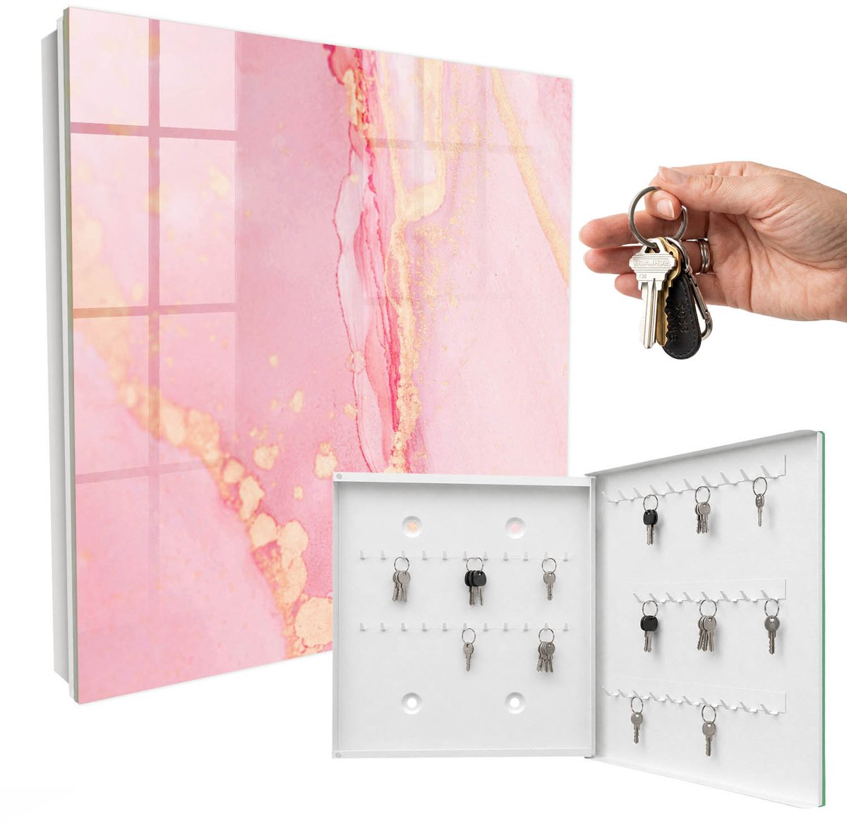 WallMuralia - Sleutelkast - 30x30x5 cm - met 50 haken - Roze Droom Sleutelkastje Landelijk - Roze Sleutelbox - Rechtsopenend - Wit interieur