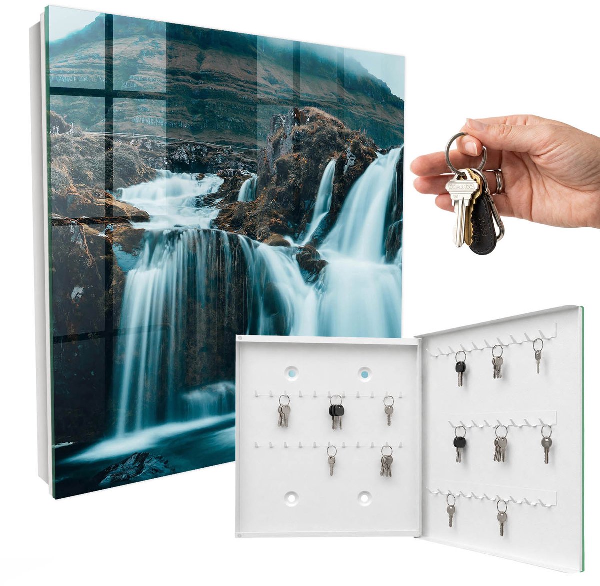 WallMuralia - Sleutelkast - 30x30x5 cm - met 50 haken - De Grootsheid Van De Natuur Sleutelkastje - Blauw Sleutelbox - Rechtsopenend - Wit interieur