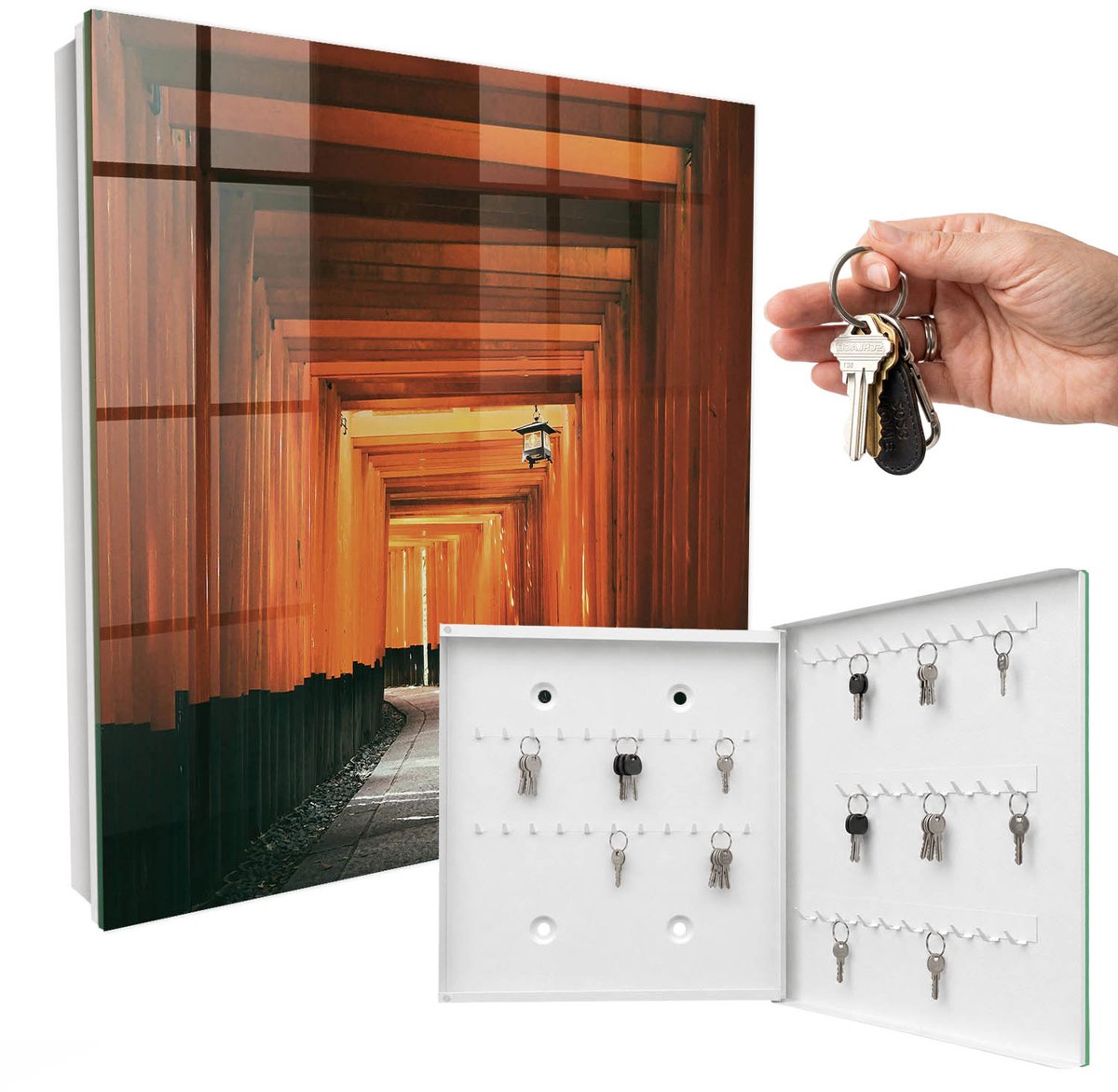 WallMuralia - Sleutelkast - 30x30x5 cm - met 50 haken - Gele Poorten Sleutelkastje - Geel Sleutelbox - Rechtsopenend - Wit interieur