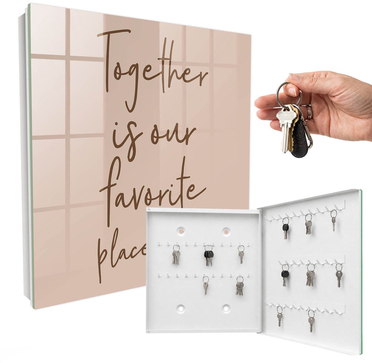 WallMuralia - Sleutelkast - 30x30x5 cm - met 50 haken - De Inscriptie Luidt: Samen Is Onze Favoriete Plek. Leuk Sleutelkastje - Beige Sleutelbox - Rechtsopenend - Wit interieur