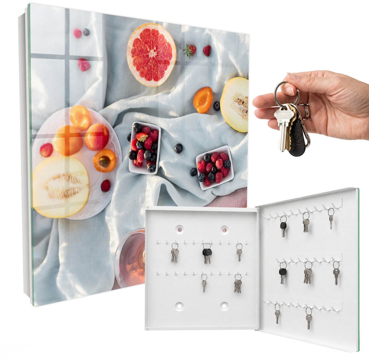 WallMuralia - Sleutelkast - 30x30x5 cm - met 50 haken - Zomerpicknick Sleutelkastje - Romig Sleutelbox - Rechtsopenend - Wit interieur