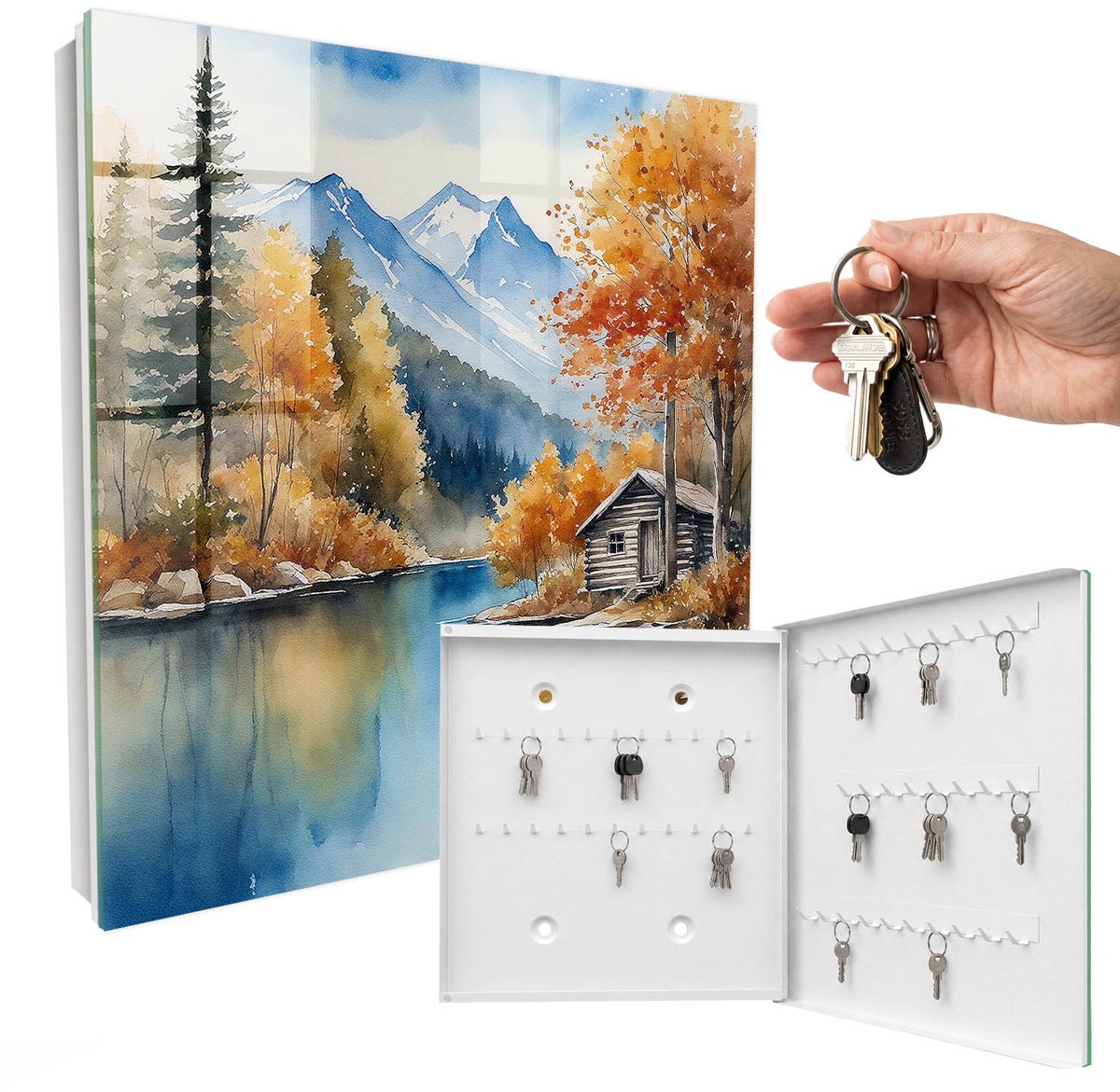 WallMuralia - Sleutelkast - 30x30x5 cm - met 50 haken - Bergherfst Sleutelkastje Modern - Oranje Sleutelbox - Rechtsopenend - Wit interieur
