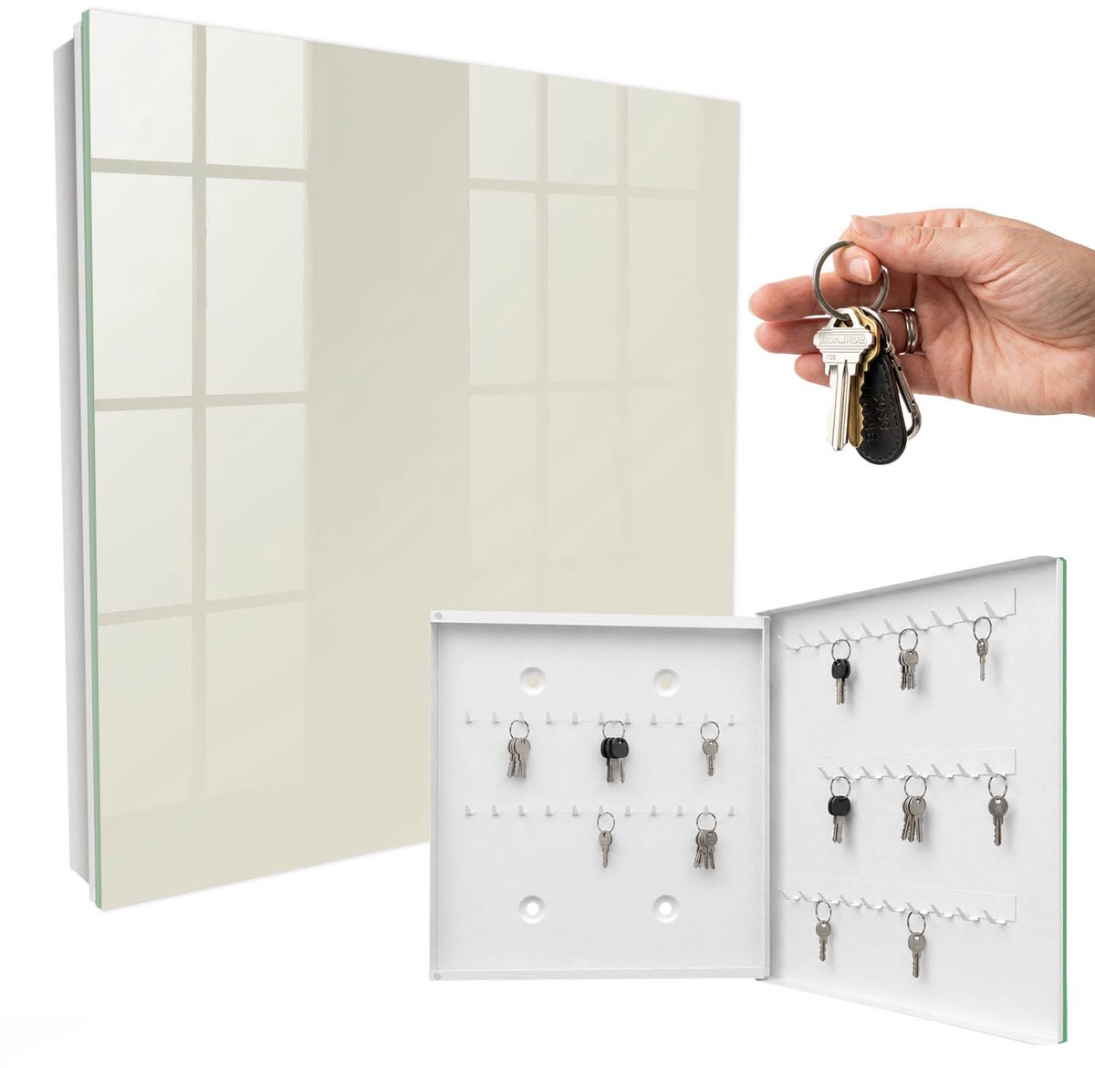 WallMuralia - Sleutelkast - 30x30x5 cm - met 50 haken - Crèmekleurige Steen Sleutelkastje Design - Romig Sleutelbox - Rechtsopenend - Wit interieur