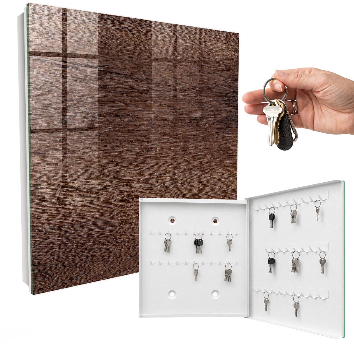 WallMuralia - Sleutelkast - 30x30x5 cm - met 50 haken - Bruin Hout Sleutelkastje Industrieel - Bruin Sleutelbox - Rechtsopenend - Wit interieur