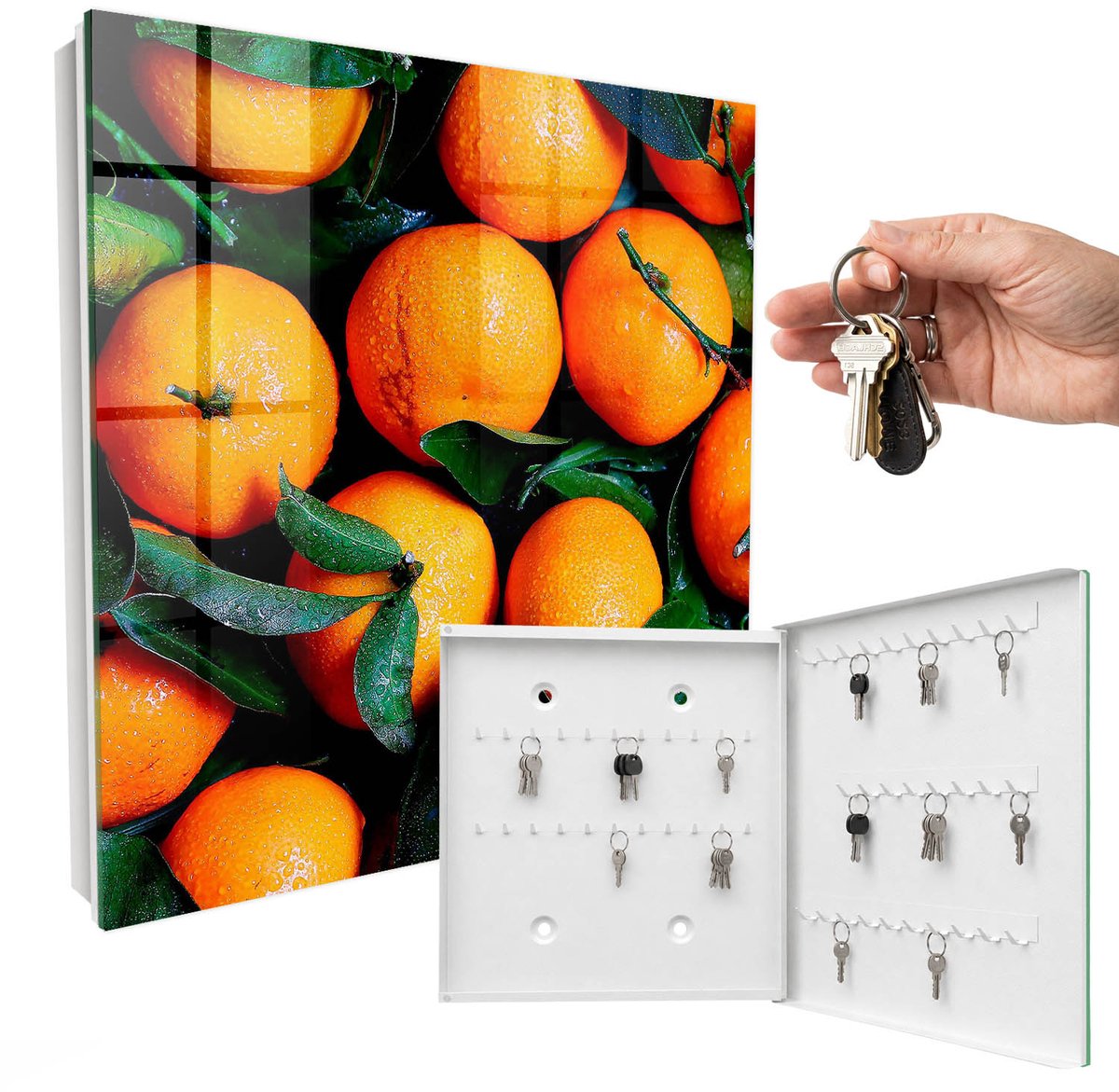 WallMuralia - Sleutelkast - 30x30x5 cm - met 50 haken - Vers Fruit Sleutelkastje Binnen - Oranje Sleutelbox - Rechtsopenend - Wit interieur