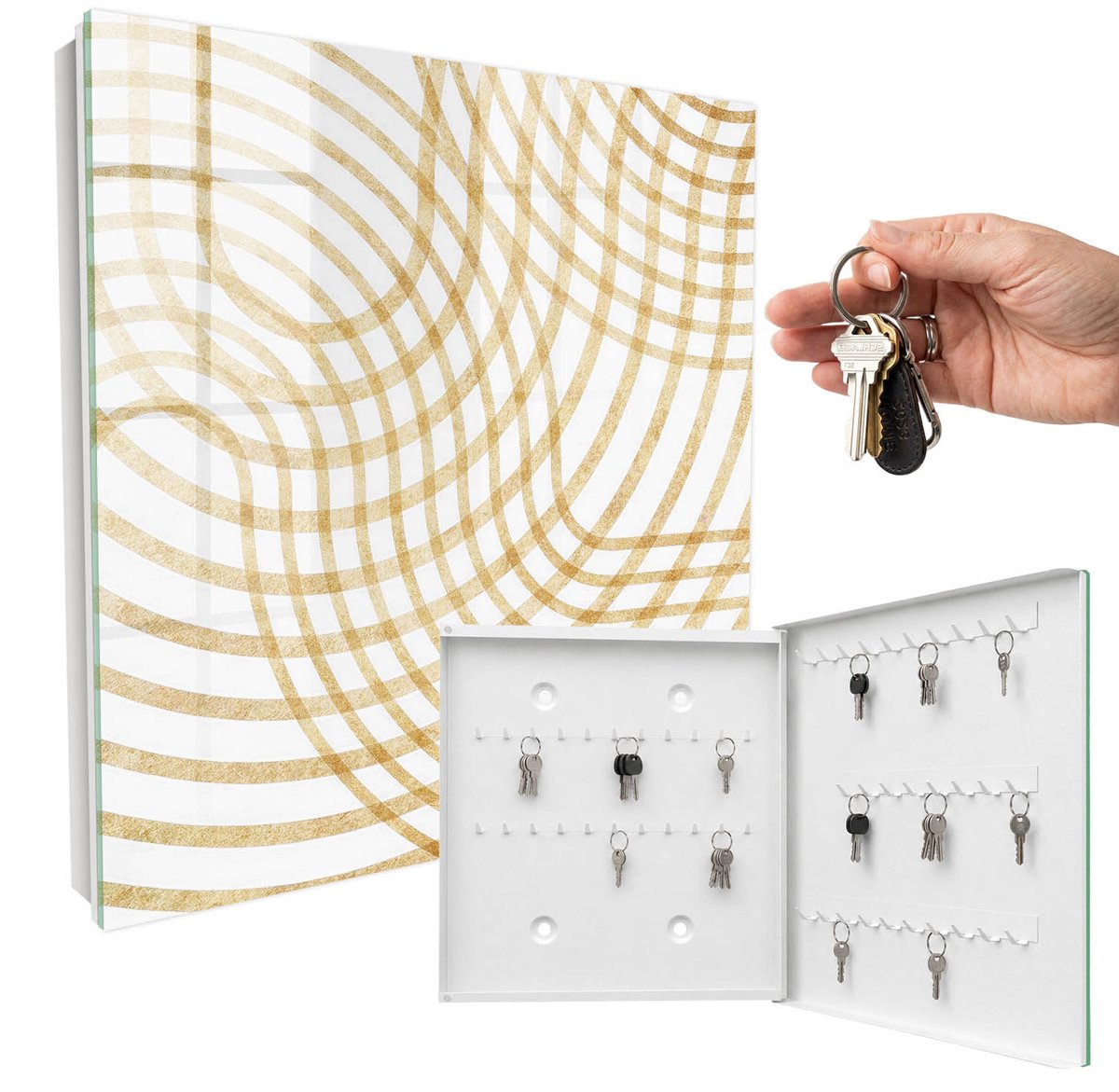 WallMuralia - Sleutelkast - 30x30x5 cm - met 50 haken - Krullende Lijnen Groot Sleutelkastje - Geel Sleutelbox - Rechtsopenend - Wit interieur
