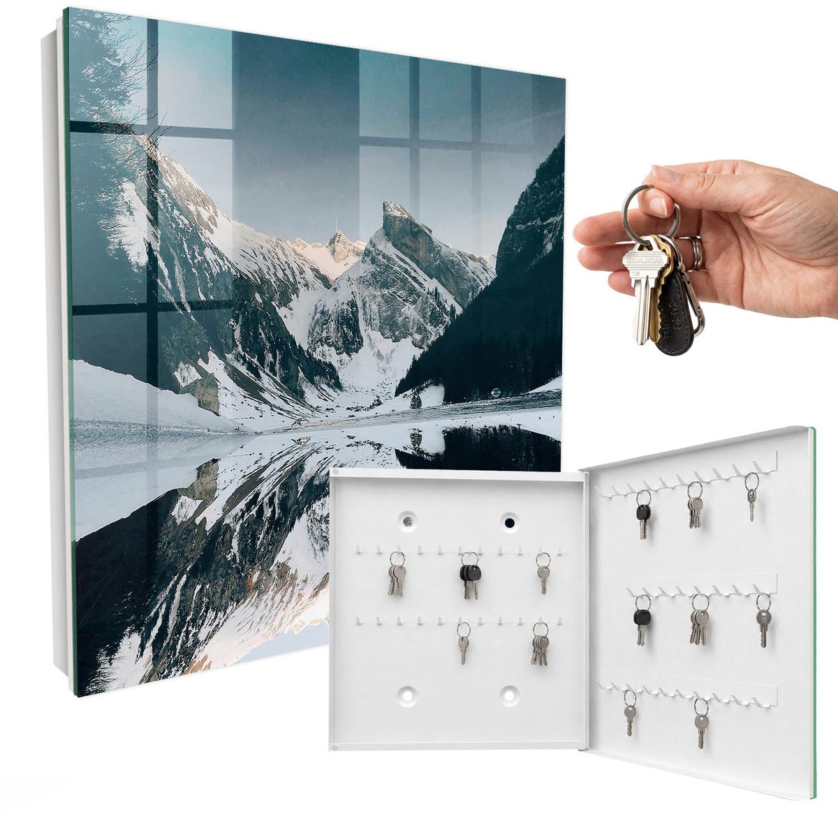 WallMuralia - Sleutelkast - 30x30x5 cm - met 50 haken - Winterlandschap Sleutelkastje Design - Wit Sleutelbox - Rechtsopenend - Wit interieur
