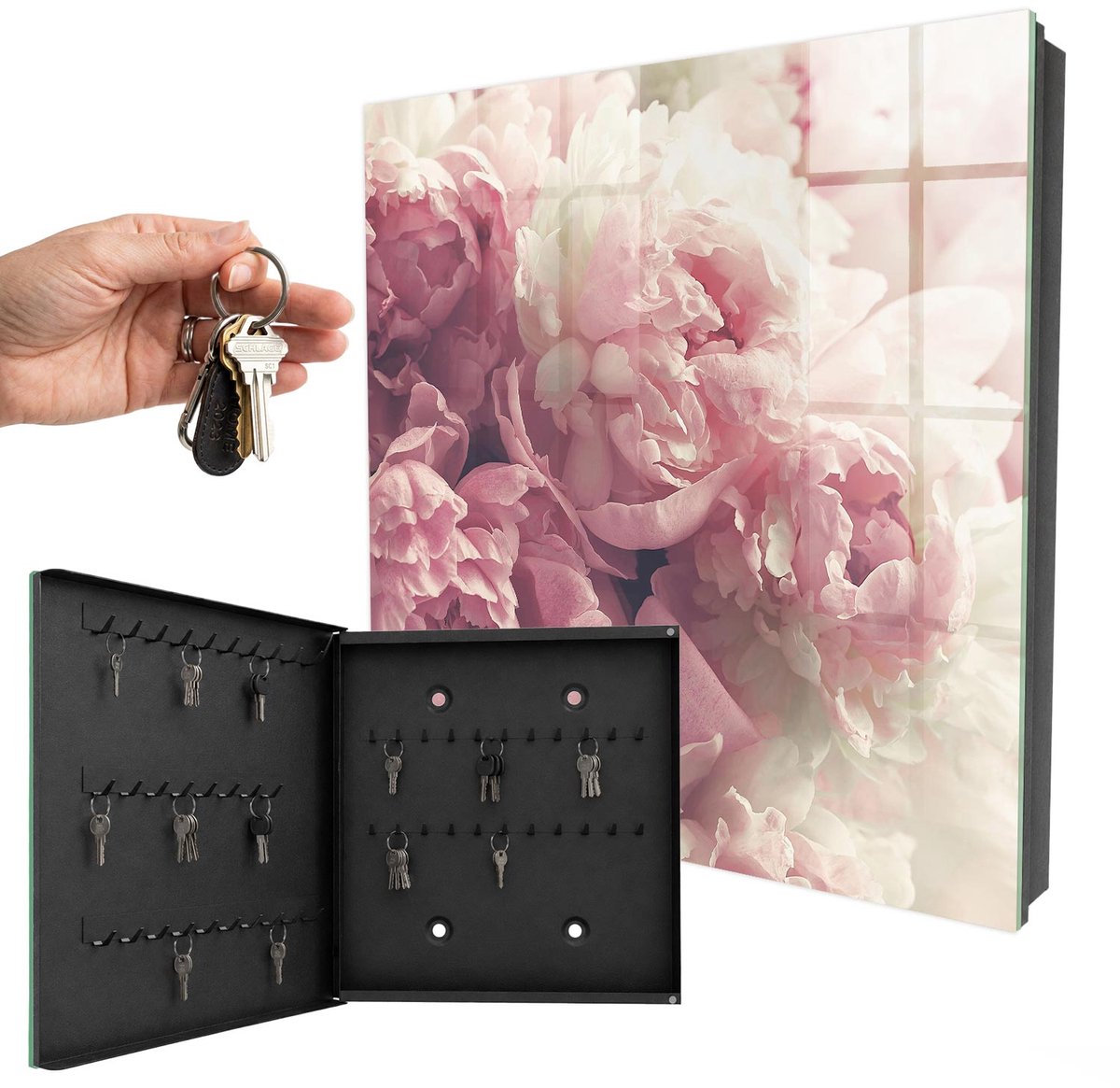 WallMuralia - Sleutelkast - 30x30x5 cm - met 50 haken - Pioenbloemen Sleutelkastje Gang - Roze Sleutelbox - Linksopenend - Zwart interieur