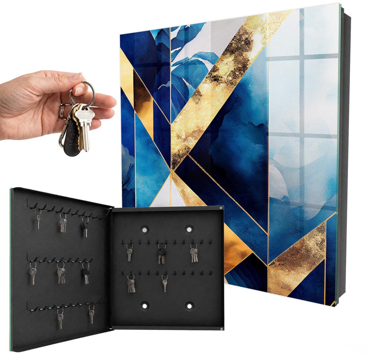 WallMuralia - Sleutelkast - 30x30x5 cm - met 50 haken - Blauwe Elegantie Groot Sleutelkastje - Blauw Sleutelbox - Linksopenend - Zwart interieur