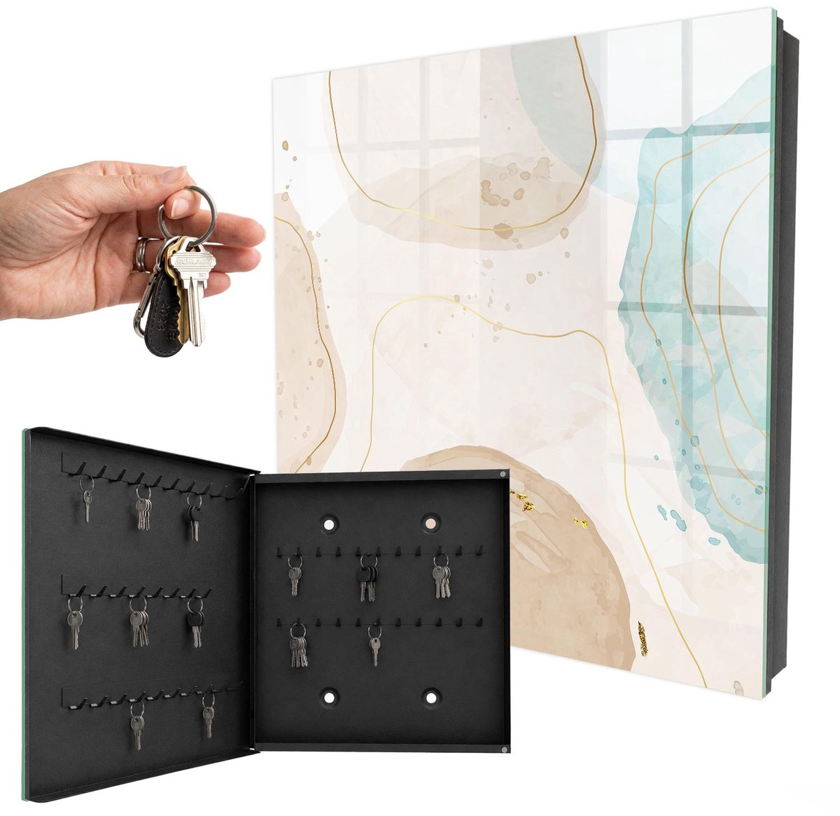 WallMuralia - Sleutelkast - 30x30x5 cm - met 50 haken - Subtiele Abstractie Sleutelkastje Modern - Beige Sleutelbox - Linksopenend - Zwart interieur