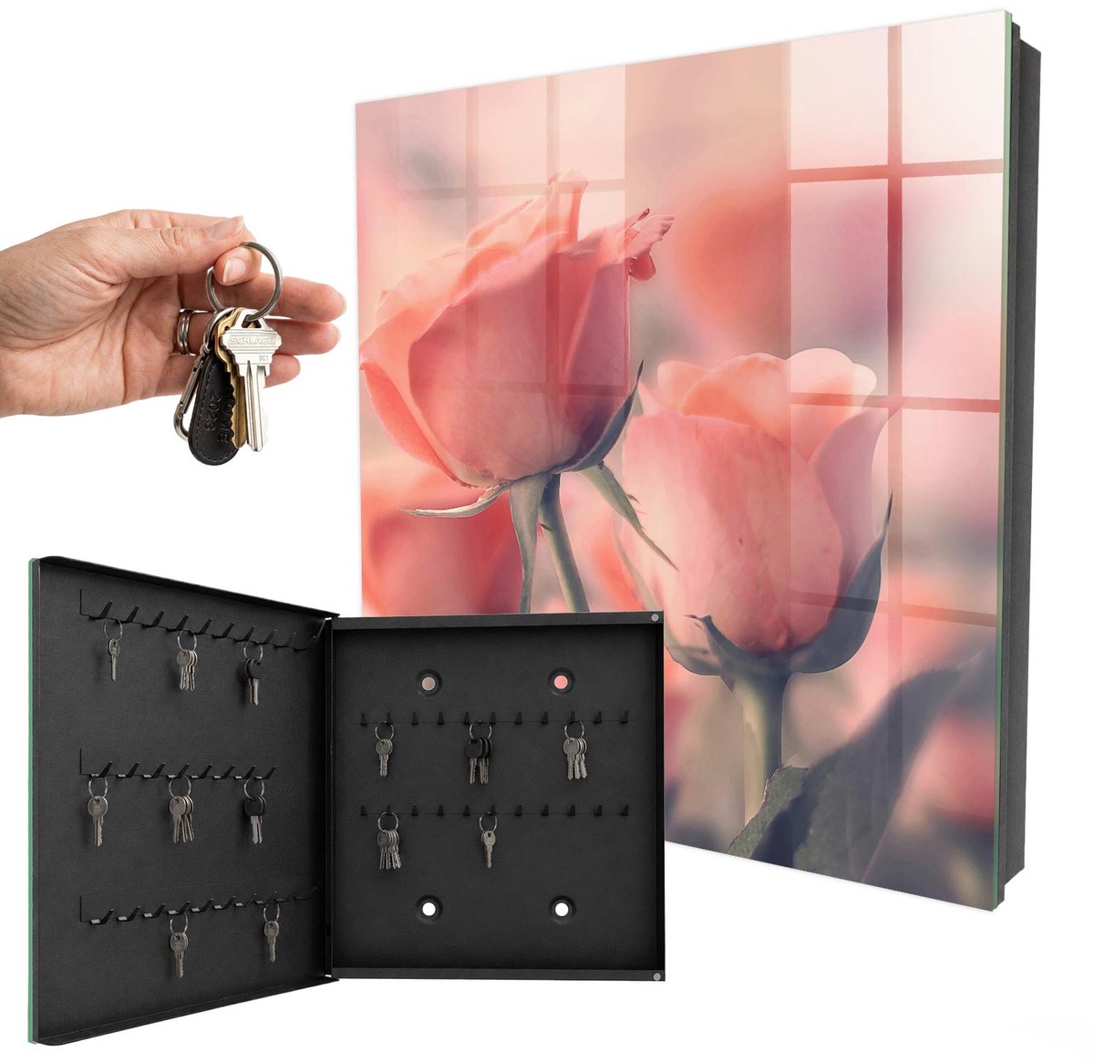 WallMuralia - Sleutelkast - 30x30x5 cm - met 50 haken - Tere Bloemen Groot Sleutelkastje - Roze Sleutelbox - Linksopenend - Zwart interieur