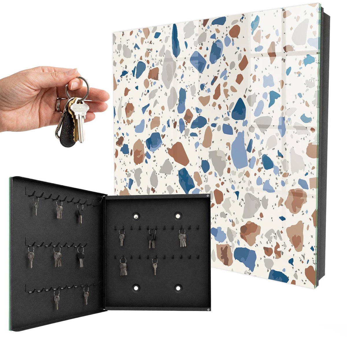 WallMuralia - Sleutelkast - 30x30x5 cm - met 50 haken - Mozaïek Van Steen Sleutelkastje Gang - Grijs Sleutelbox - Linksopenend - Zwart interieur