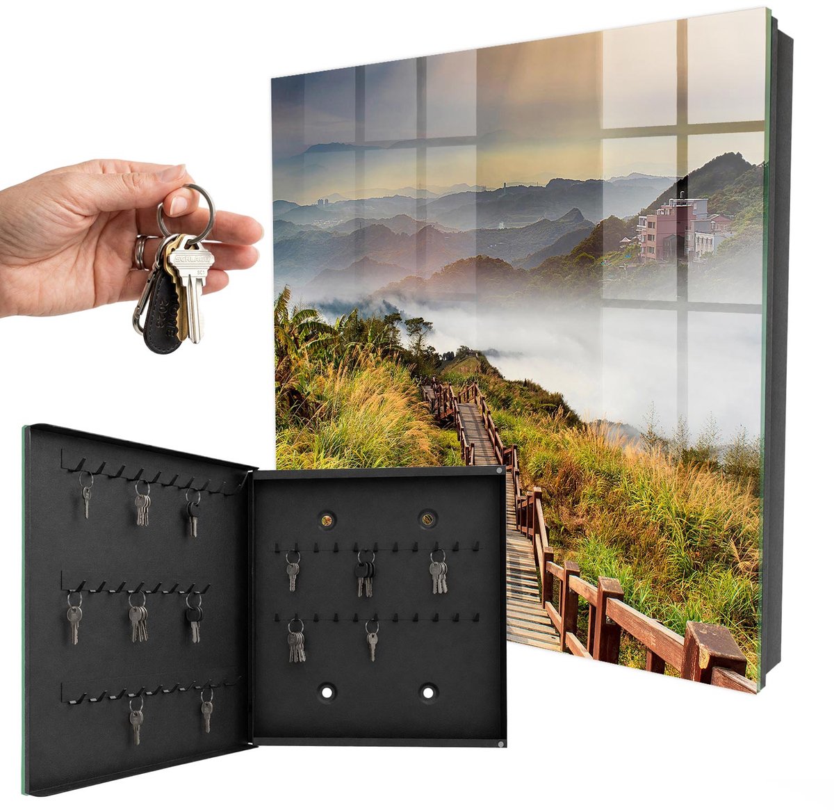 WallMuralia - Sleutelkast - 30x30x5 cm - met 50 haken - Bergmagie Leuk Sleutelkastje - Groente Sleutelbox - Linksopenend - Zwart interieur