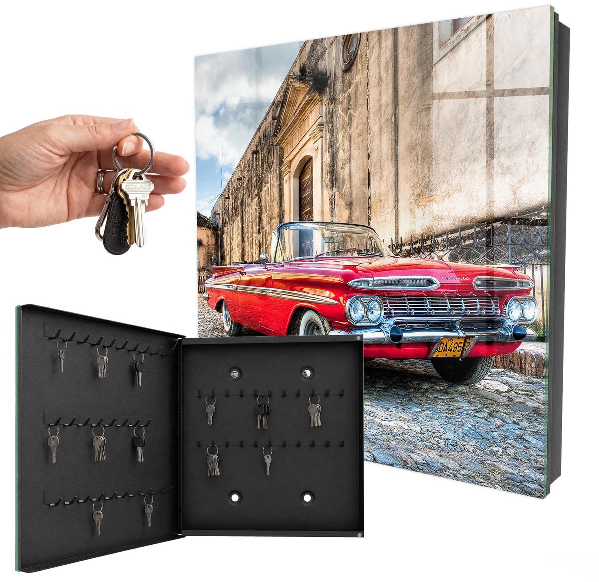 WallMuralia - Sleutelkast - 30x30x5 cm - met 50 haken - Retro Auto Sleutelkastje Muur - Rood Sleutelbox - Linksopenend - Zwart interieur