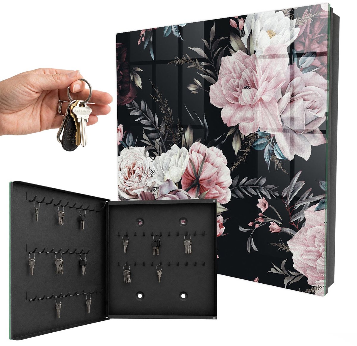 WallMuralia - Sleutelkast - 30x30x5 cm - met 50 haken - Bloemenpracht Design Sleutelkastje - Roze Sleutelbox - Linksopenend - Zwart interieur