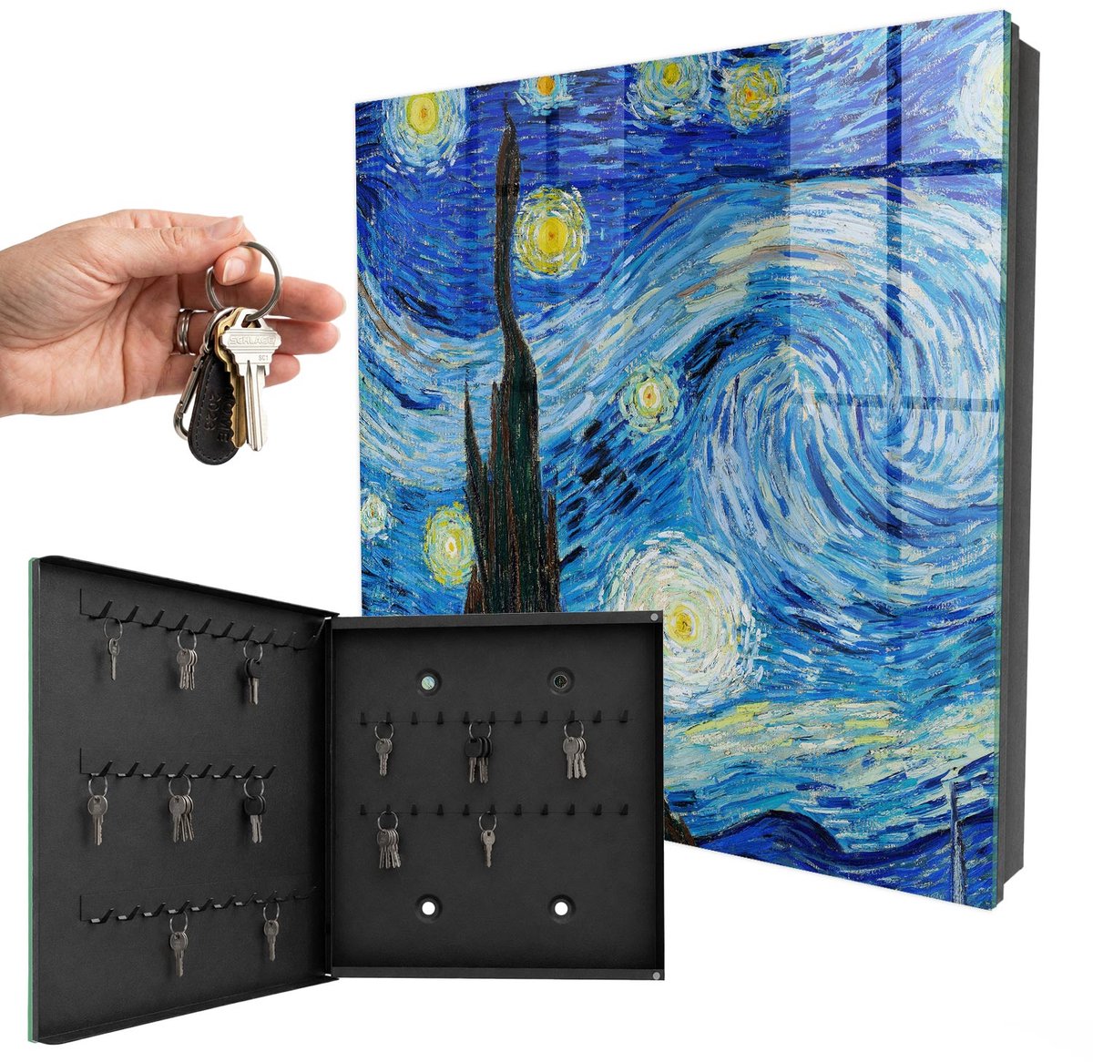 WallMuralia - Sleutelkast - 30x30x5 cm - met 50 haken - Nachtelijke Hemel Sleutelkastje Design - Blauw Sleutelbox - Linksopenend - Zwart interieur