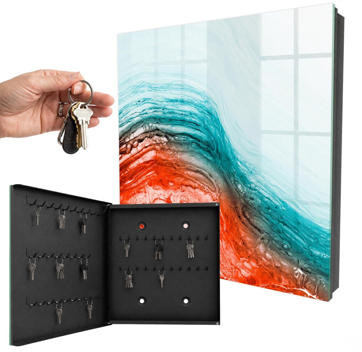 WallMuralia - Sleutelkast - 30x30x5 cm - met 50 haken - Kleurrijke Emoties Sleutelkastje - Turkoois Sleutelbox - Linksopenend - Zwart interieur