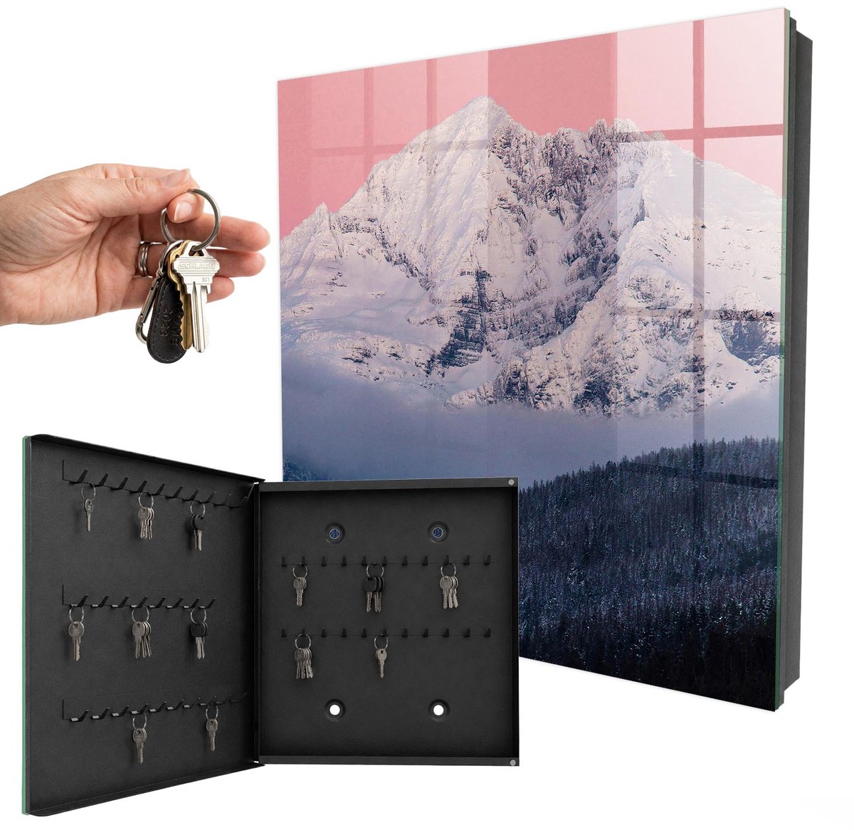 WallMuralia - Sleutelkast - 30x30x5 cm - met 50 haken - Winterpiek Sleutelkastje Industrieel - Roze Sleutelbox - Linksopenend - Zwart interieur