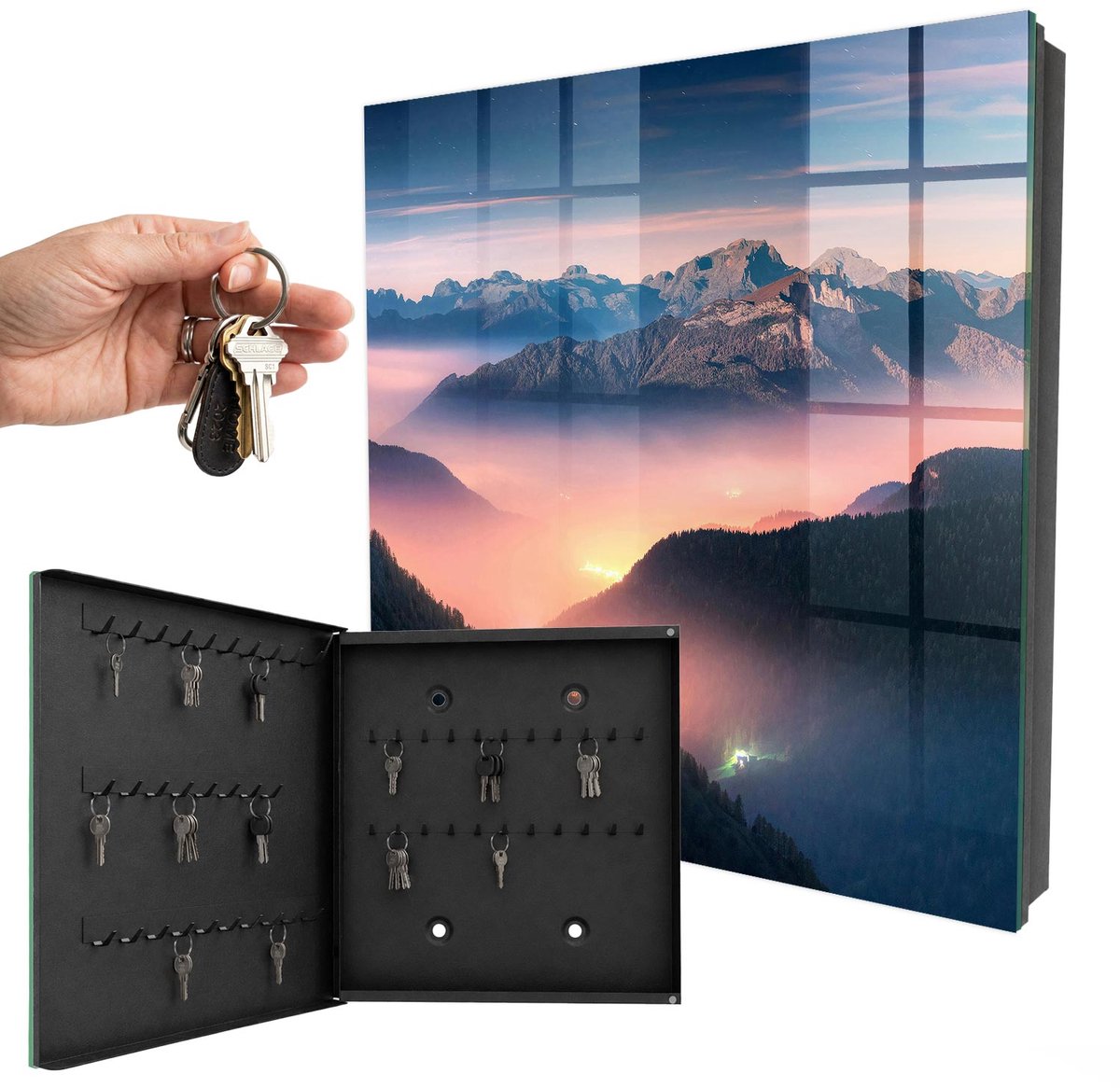 WallMuralia - Sleutelkast - 30x30x5 cm - met 50 haken - Bergpanorama Sleutelkastje Design - Marine Sleutelbox - Linksopenend - Zwart interieur