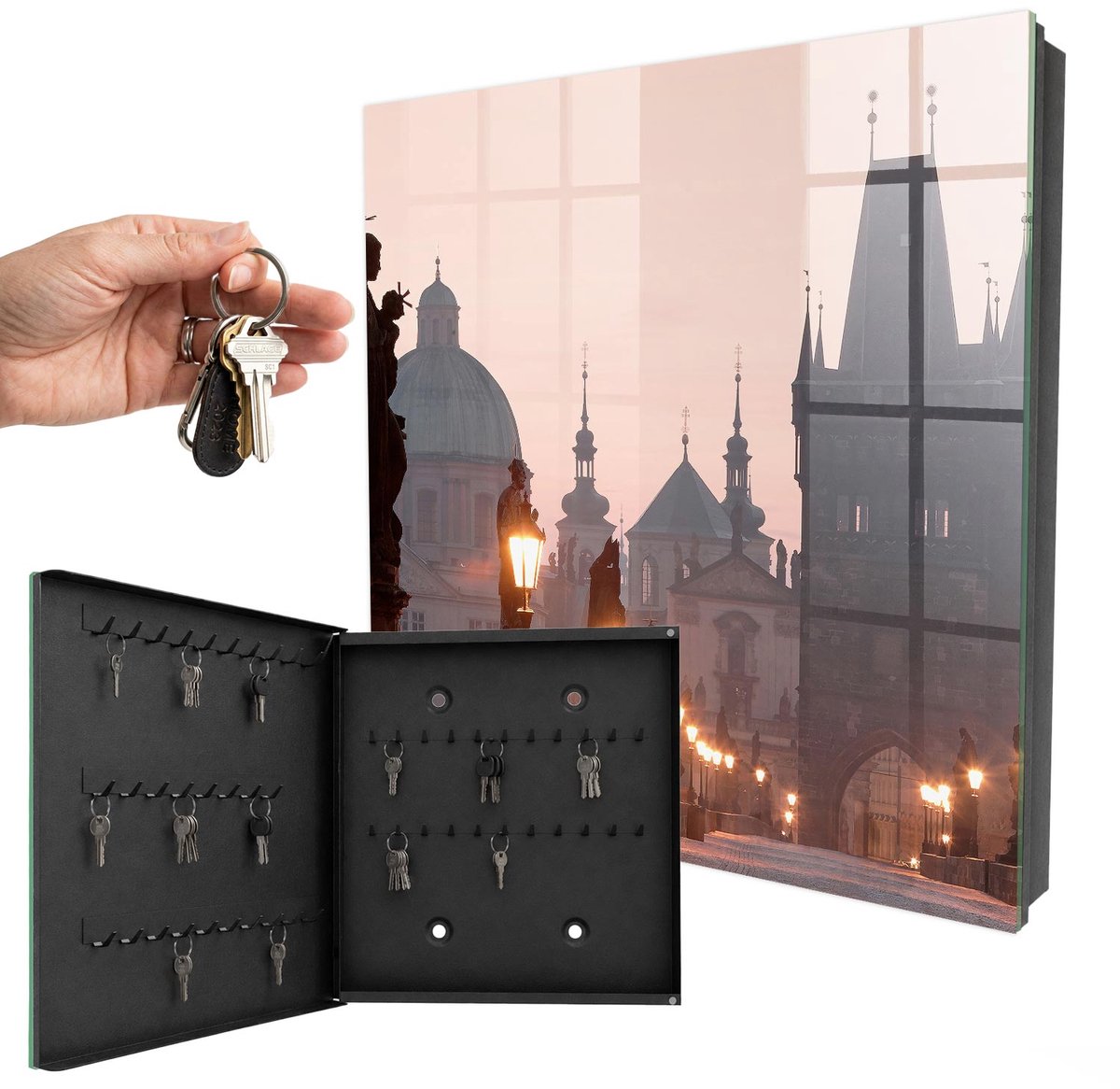 WallMuralia - Sleutelkast - 30x30x5 cm - met 50 haken - Historische Brug Sleutelkastje Landelijk - Roze Sleutelbox - Linksopenend - Zwart interieur