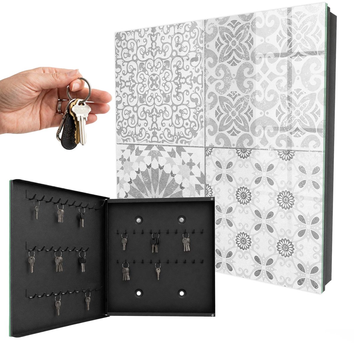 WallMuralia - Sleutelkast - 30x30x5 cm - met 50 haken - Geometrische Patronen Sleutelkastje Klein - Grijs Sleutelbox - Linksopenend - Zwart interieur
