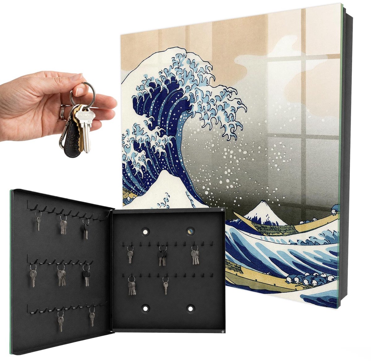 WallMuralia - Sleutelkast - 30x30x5 cm - met 50 haken - De Grote Golf Sleutelkastje Binnen - Blauw Sleutelbox - Linksopenend - Zwart interieur