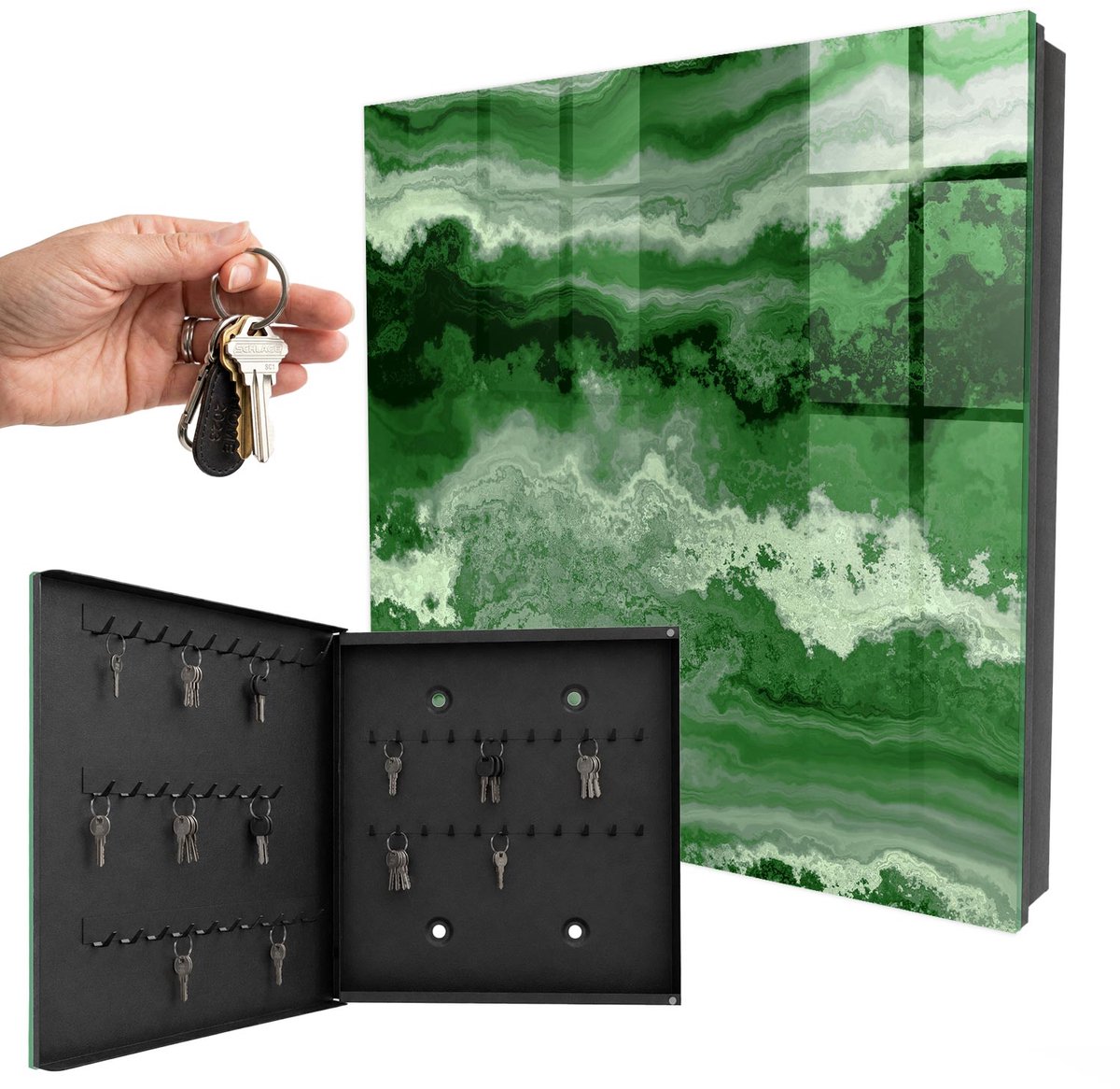 WallMuralia - Sleutelkast - 30x30x5 cm - met 50 haken - Groene Structuur Sleutelkastje Binnen - Groente Sleutelbox - Linksopenend - Zwart interieur