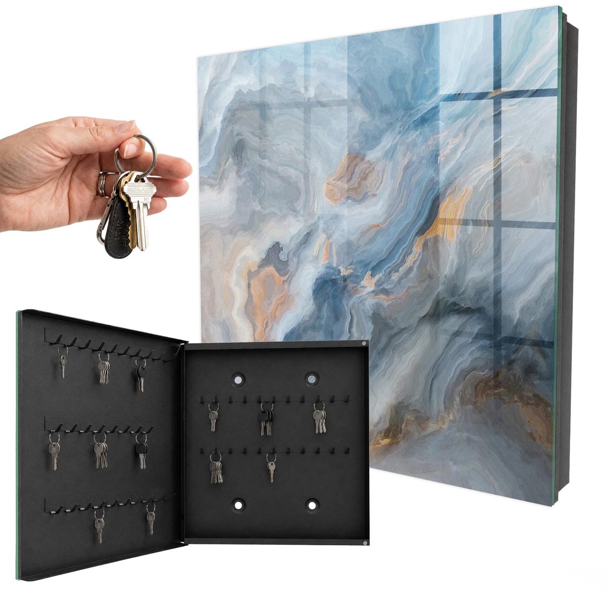 WallMuralia - Sleutelkast - 30x30x5 cm - met 50 haken - Dromerige Abstractie Sleutelkastje Binnen - Grijs Sleutelbox - Linksopenend - Zwart interieur