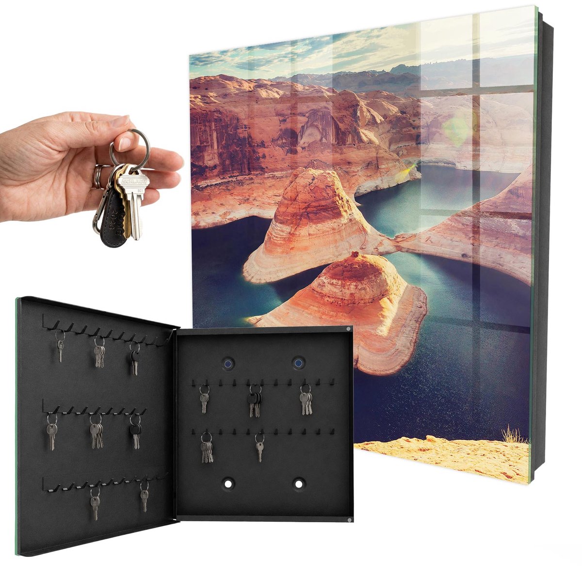 WallMuralia - Sleutelkast - 30x30x5 cm - met 50 haken - Rotsen En Water Sleutelkastje Voor Binnen - Bruin Sleutelbox - Linksopenend - Zwart interieur