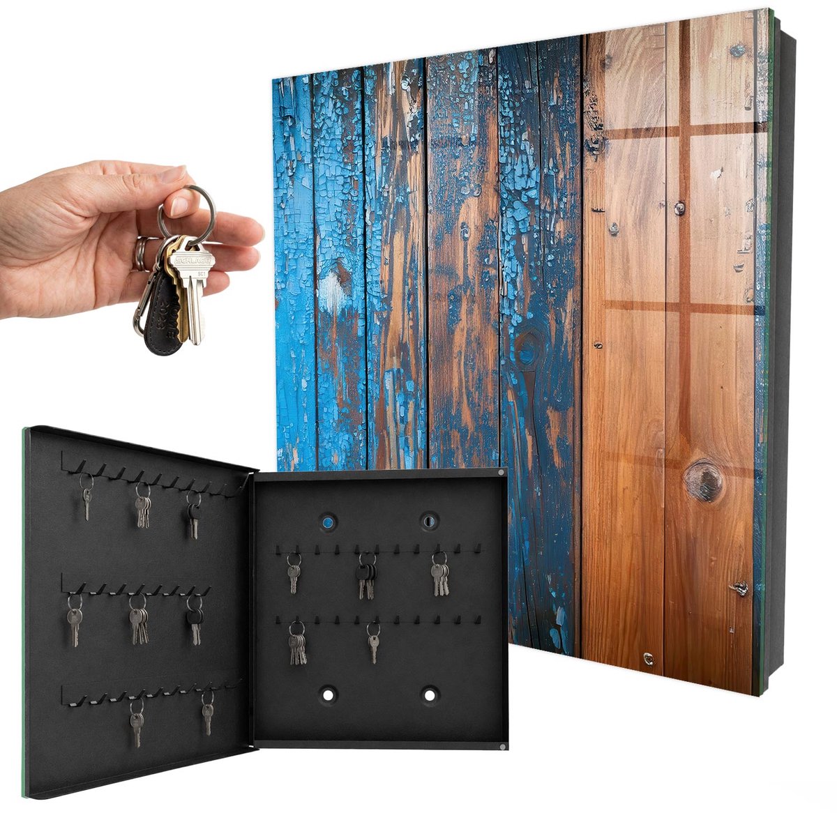 WallMuralia - Sleutelkast - 30x30x5 cm - met 50 haken - Houtstructuur Sleutelkastje Huis - Blauw Sleutelbox - Linksopenend - Zwart interieur