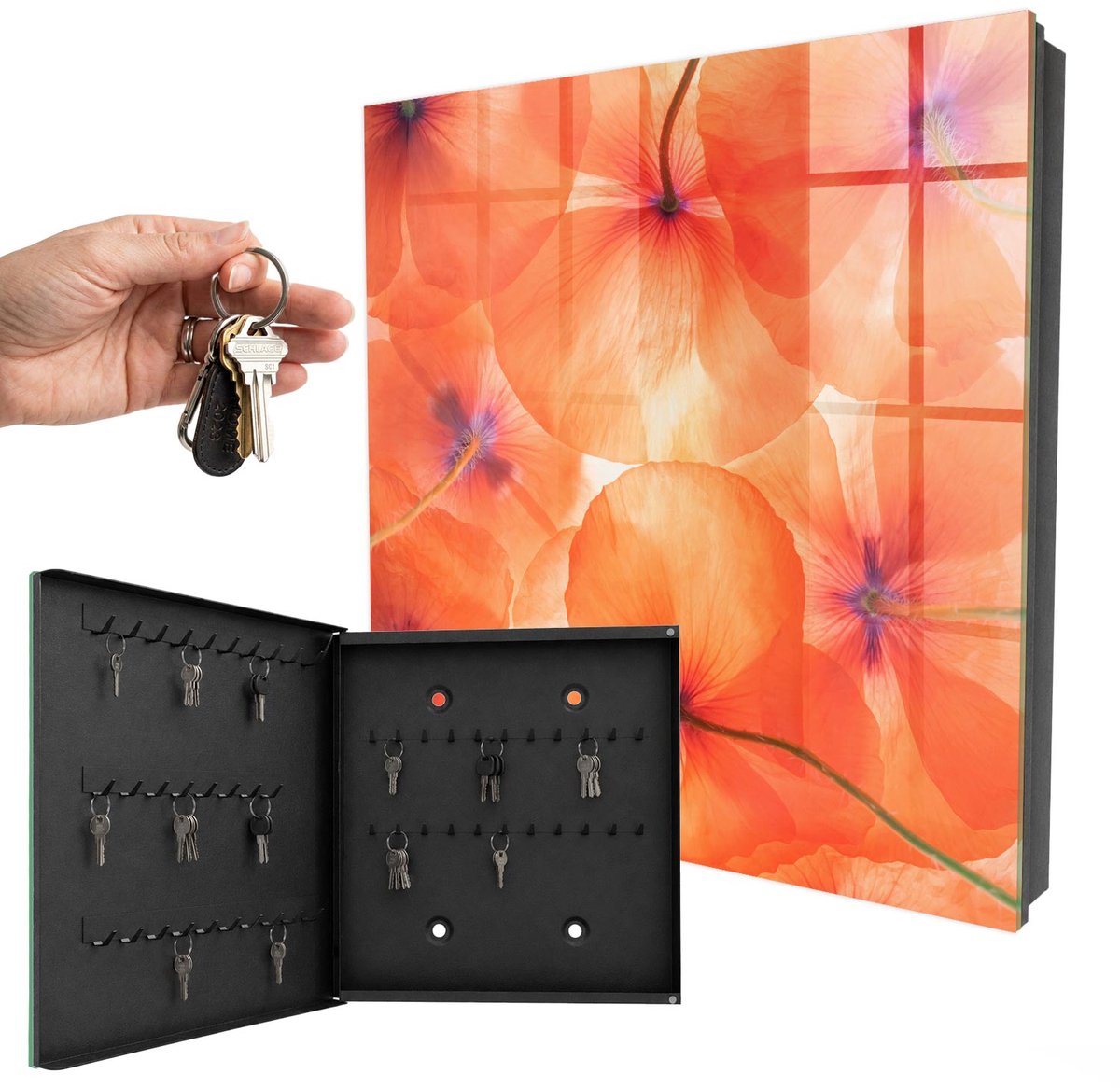 WallMuralia - Sleutelkast - 30x30x5 cm - met 50 haken - Bloemige Extase Leuk Sleutelkastje - Oranje Sleutelbox - Linksopenend - Zwart interieur
