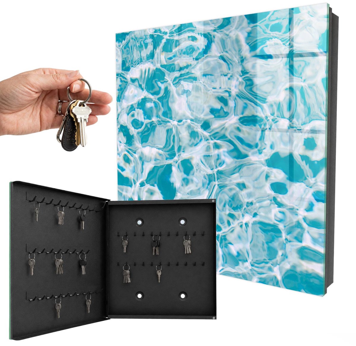 WallMuralia - Sleutelkast - 30x30x5 cm - met 50 haken - Waterwervels Leuk Sleutelkastje - Blauw Sleutelbox - Linksopenend - Zwart interieur