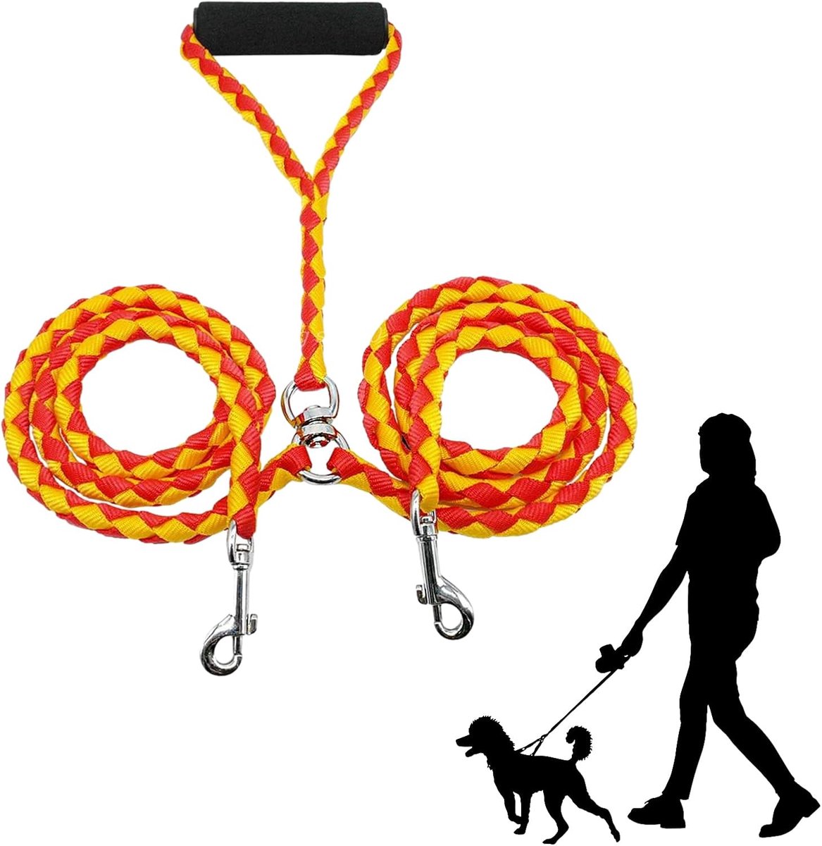 Dubbele hondenriem, dubbele nylon hondenlijn, dubbele hondenriem zonder klitten, met twee gevoerde handgrepen, multifunctionele lijn voor twee uitlopende honden, 140 cm (oranje)