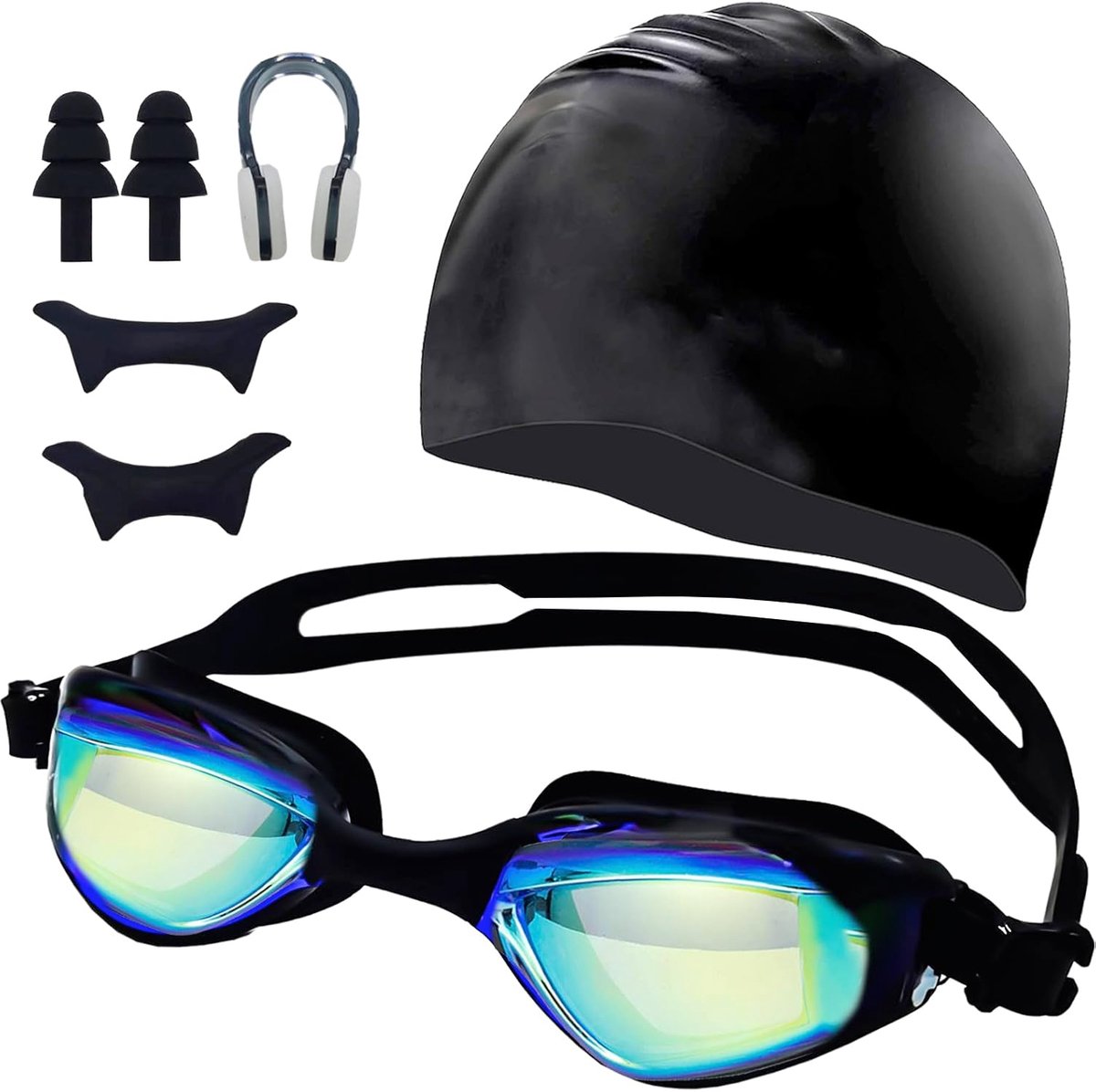 Volwassen, Unisex Zwembril met Neusclips Oordoppen Badmuts, Geen lekken, Anti-condens, UV-bescherming, Super Seal Goggles Zwemmen voor Heren Dames