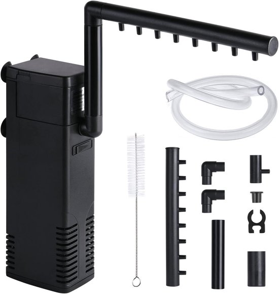 flintronic Aquariumfilter, 8 W aquariumpomp, instelbaar binnenfilter voor aquarium, zuurstofpomp met kleine borstel, debiet aquariumfilter met 600 l/u waterpomp voor 80 l aquariumw