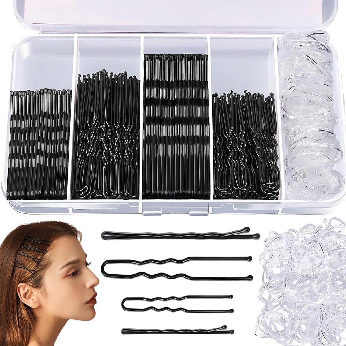 Haarspeldenset, metalen haarspelden, U-vorm, golvend, haarspelden, haarelastiekjes, transparant, elastische haarelastiekjes, haaraccessoires.