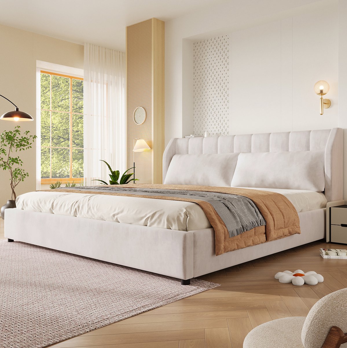 FloraGrace Gestoffeerd Bed 180x200cm Zonder Matras - Slaapbed met Lattenbodem en Hoofdbord - Met 2 Kussens - Beige