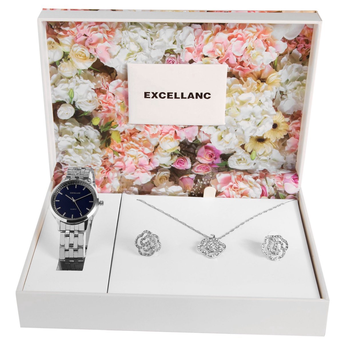 Excellanc dameshorloge geschenkset zilverkleurig/blauw cadeauset horloge, ketting, oorbellen kerstcadeau