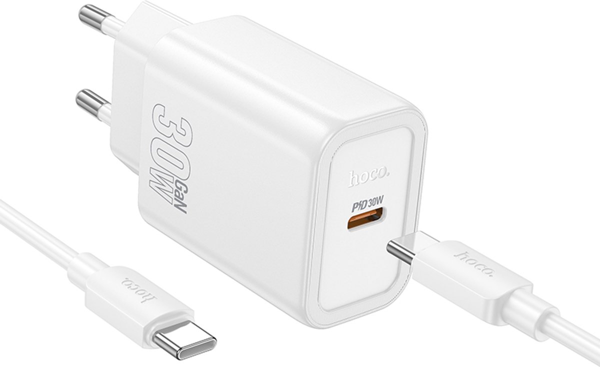 Hoco USB C Oplader Geschikt voor iPhone en Samsung met USB C Kabel - 1 Meter - 30W - Snellader - Wit