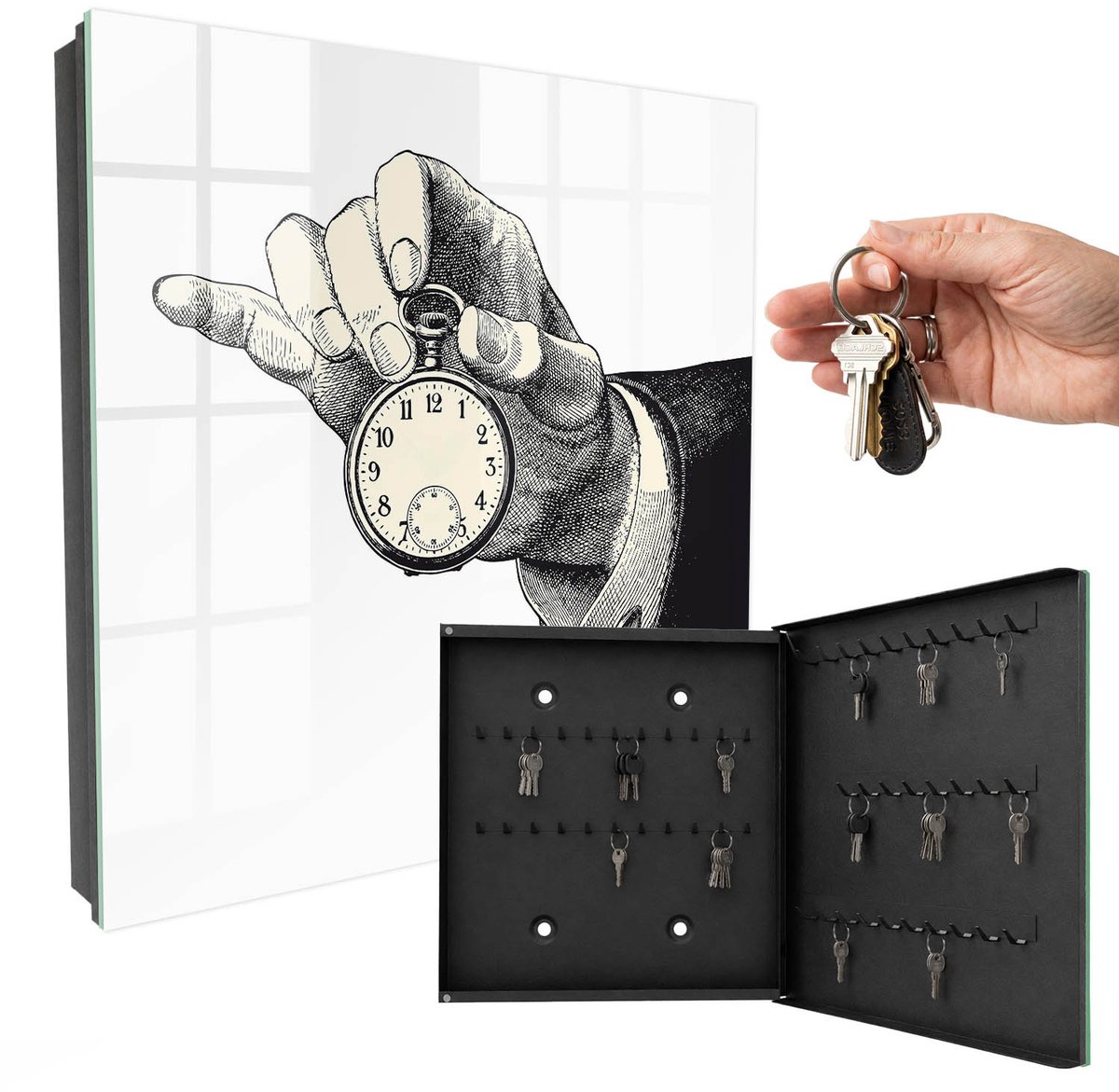 WallMuralia - Sleutelkast - 30x30x5 cm - met 50 haken - Zakklok Sleutelkastje Design - Wit Sleutelbox - Rechtsopenend - Zwart interieur