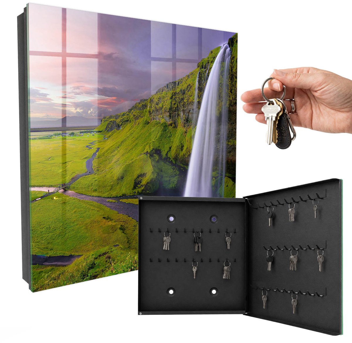 WallMuralia - Sleutelkast - 30x30x5 cm - met 50 haken - Bergwaterval Design Sleutelkastje - Groente Sleutelbox - Rechtsopenend - Zwart interieur