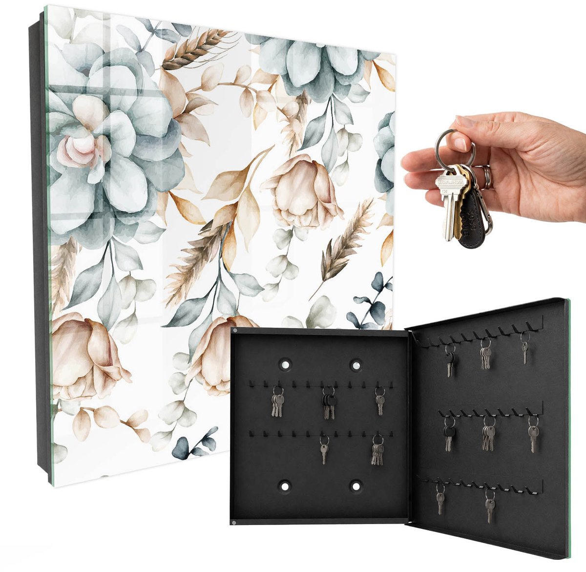 WallMuralia - Sleutelkast - 30x30x5 cm - met 50 haken - Aquarel Bloemen Sleutelkastje Binnen - Wit Sleutelbox - Rechtsopenend - Zwart interieur