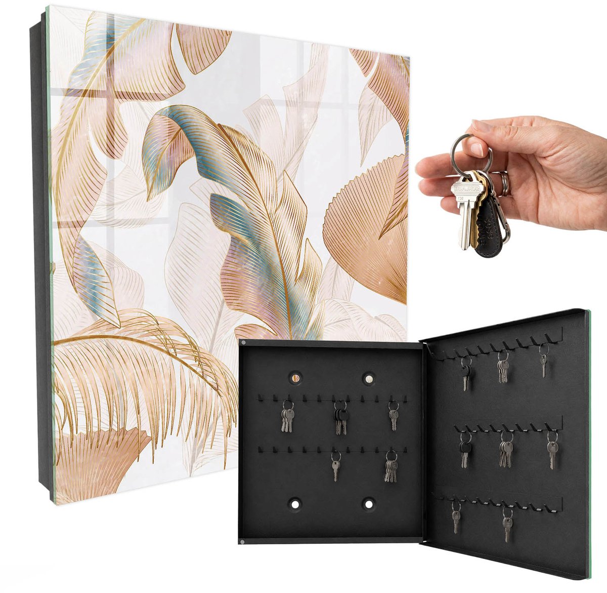 WallMuralia - Sleutelkast - 30x30x5 cm - met 50 haken - Tere Bladeren Groot Sleutelkastje - Beige Sleutelbox - Rechtsopenend - Zwart interieur