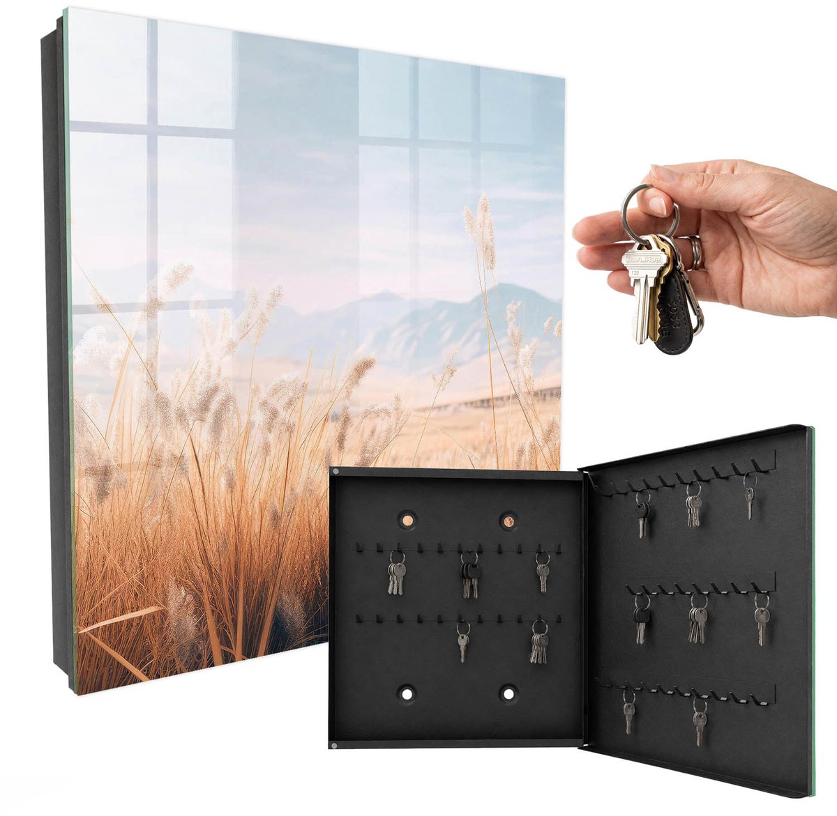 WallMuralia - Sleutelkast - 30x30x5 cm - met 50 haken - Graslandschap Sleutelkastje Landelijk - Beige Sleutelbox - Rechtsopenend - Zwart interieur