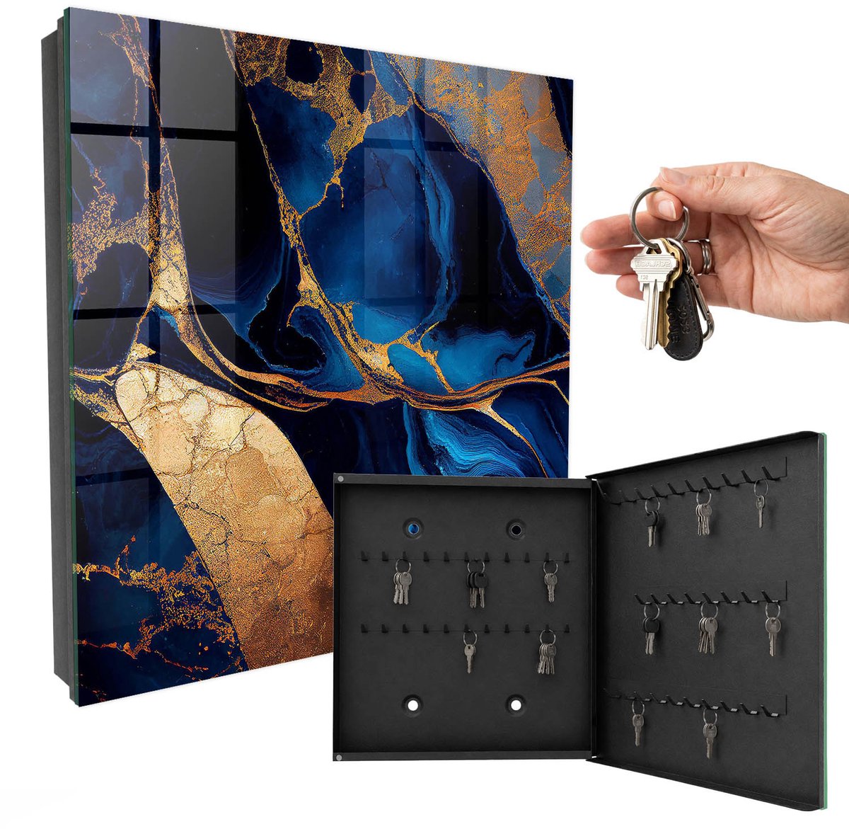 WallMuralia - Sleutelkast - 30x30x5 cm - met 50 haken - Nachtmarmer Groot Sleutelkastje - Blauw Sleutelbox - Rechtsopenend - Zwart interieur