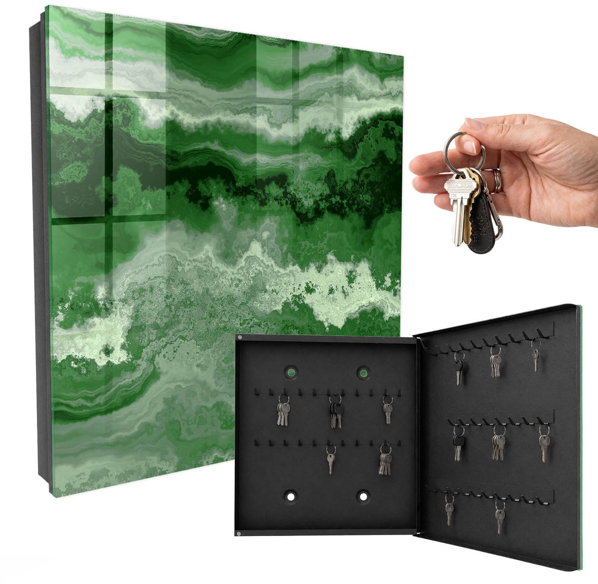 WallMuralia - Sleutelkast - 30x30x5 cm - met 50 haken - Groene Structuur Leuk Sleutelkastje - Groente Sleutelbox - Rechtsopenend - Zwart interieur