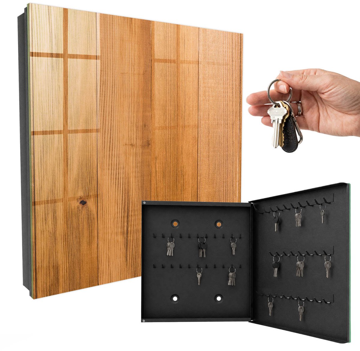 WallMuralia - Sleutelkast - 30x30x5 cm - met 50 haken - Houtstructuur Sleutelkastje Design - Bruin Sleutelbox - Rechtsopenend - Zwart interieur