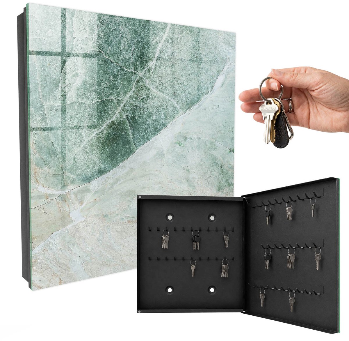 WallMuralia - Sleutelkast - 30x30x5 cm - met 50 haken - Marmeren Elegantie Sleutelkastje Hal - Groente Sleutelbox - Rechtsopenend - Zwart interieur