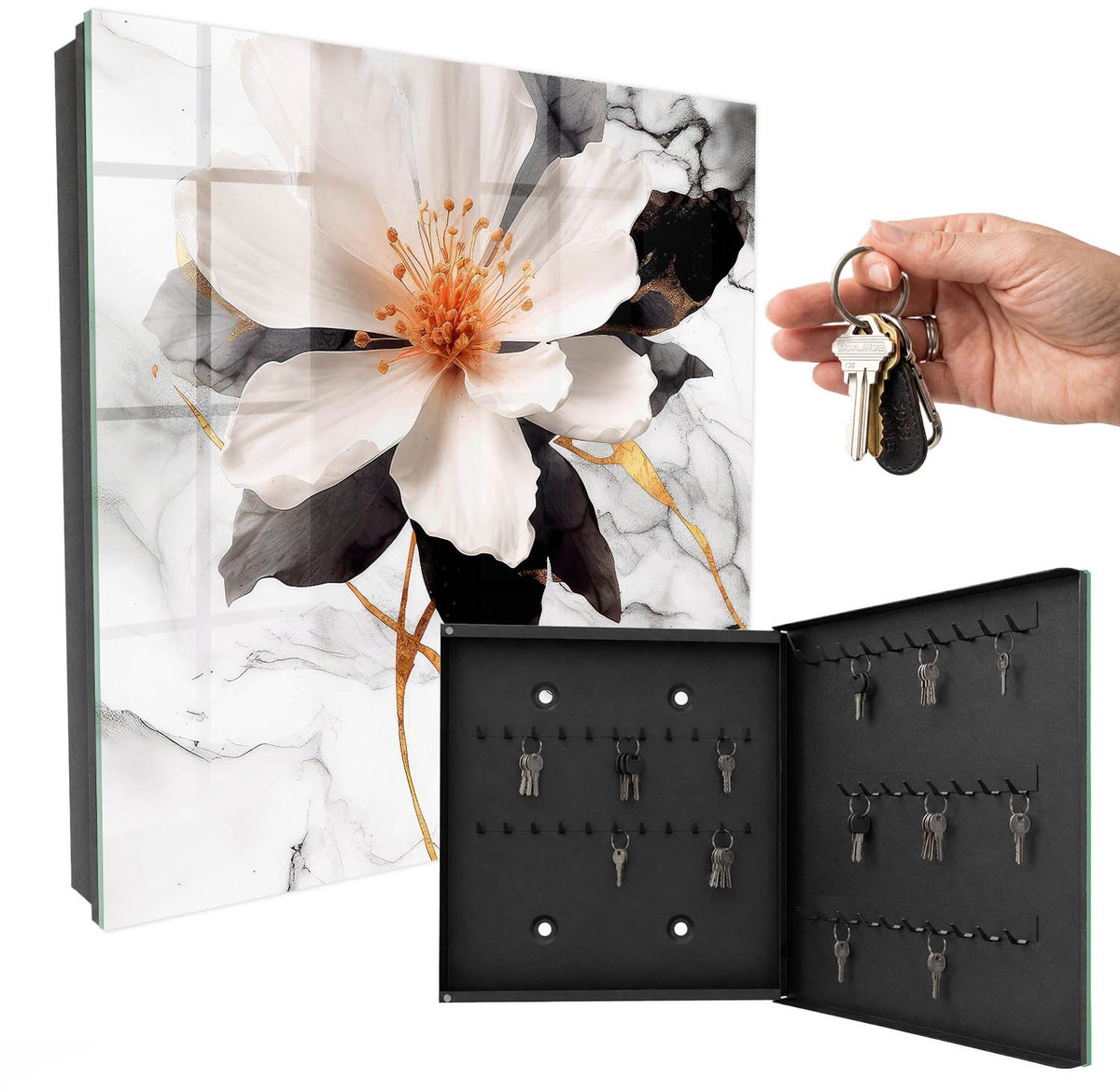 WallMuralia - Sleutelkast - 30x30x5 cm - met 50 haken - Bloemenpracht Sleutelkastje Huis - Wit Sleutelbox - Rechtsopenend - Zwart interieur